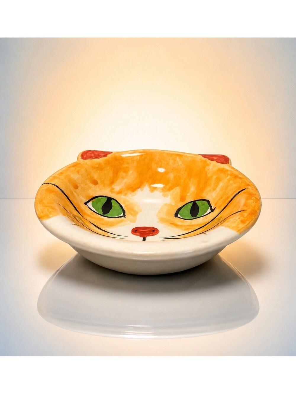 Bandwagon 2000s Hand-Painted Ceramic Orange Tabby Cat Trinket Dish, 5.25x1.5”